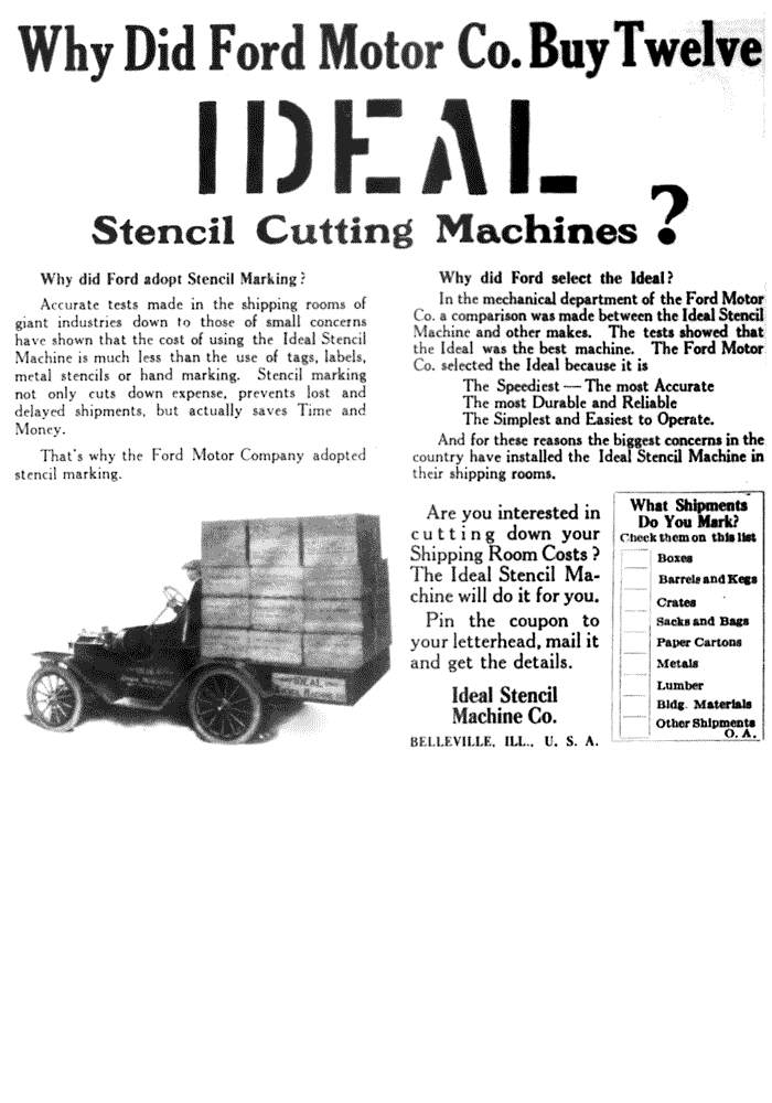 Ideal Stencil Machine Ad, featuring sales to the Ford Motor Company, 1914