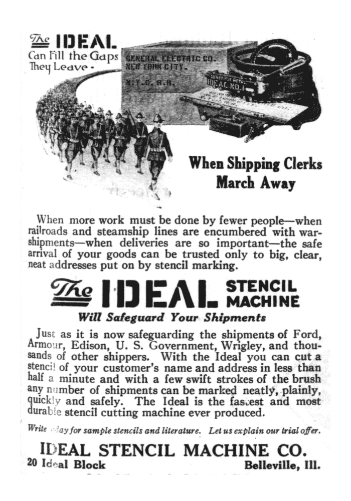 Ideal Stencil Machine Ad, featuring US Army, 1918, WWI