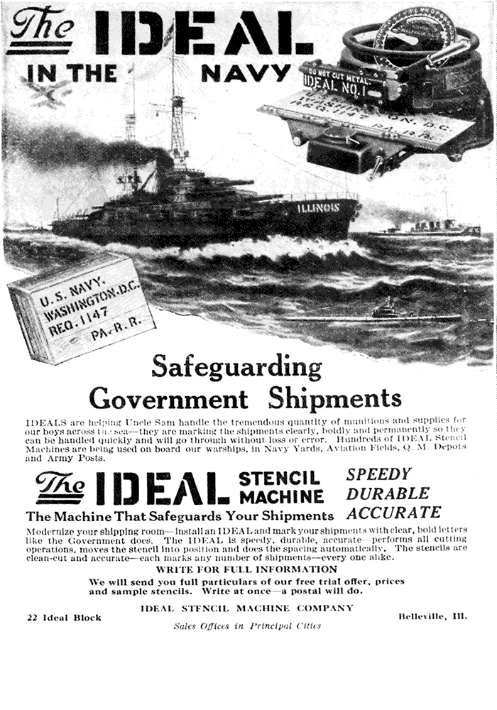 IIdeal Stencil Machine War Ad, featuring US Navy, 1918, WWI