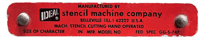 Ideal Stencil Machine Company brass label on the machines, model ca. 1970