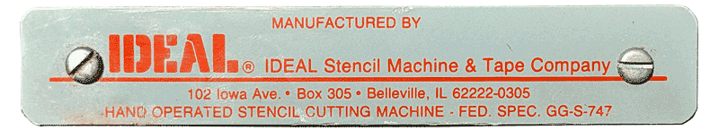 Ideal Stencil Machine Company brass label on the machines, model ca. 1990